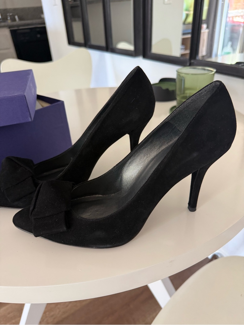 Stuart Weitzman Black Suede Bow Pointed-Toe Pumps